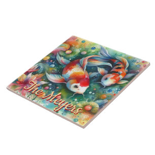Koi Fish Whimsical Watercolor Orange Personalized Ceramic Tile