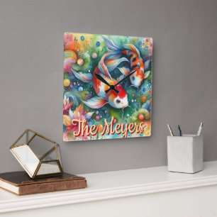 Koi Fish Whimsical Watercolor Orange Personalized Square Wall Clock