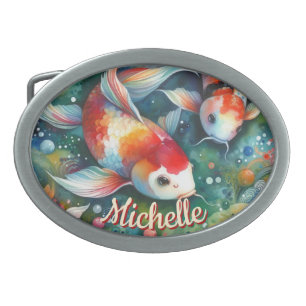 Koi Fish Whimsical Watercolor Personalized Belt Buckle