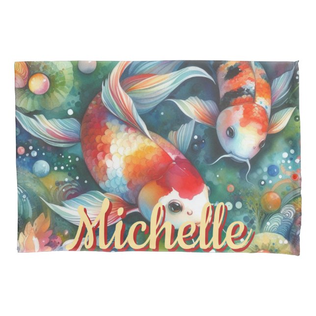 Koi Fish Whimsical Watercolor Personalized Pillow Case (Front)