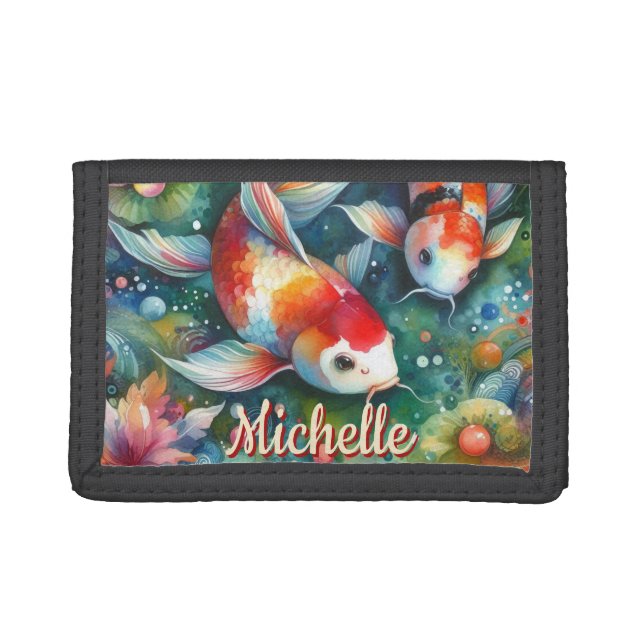 Koi Fish Whimsical Watercolor Personalized Trifold Wallet (Front)
