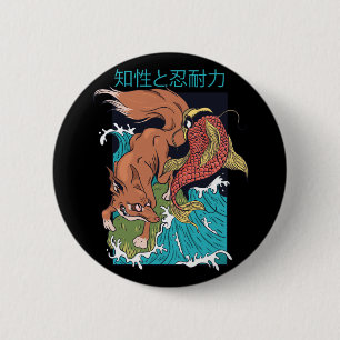 Koi Fish with Fox Japanese Style Design Button