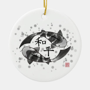 Koi Fish with Peace Character Ceramic Ornament