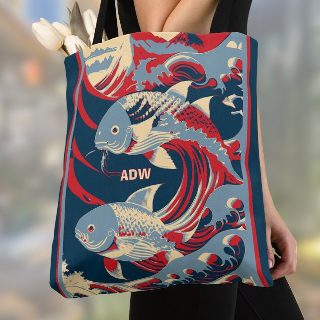 Koi Fish with Red Blue Great Wave Monogram Tote Bag (Creator Uploaded)