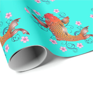 Chinese Lucky Symbols and Koi Fish Black and Gold Wrapping Paper, Zazzle