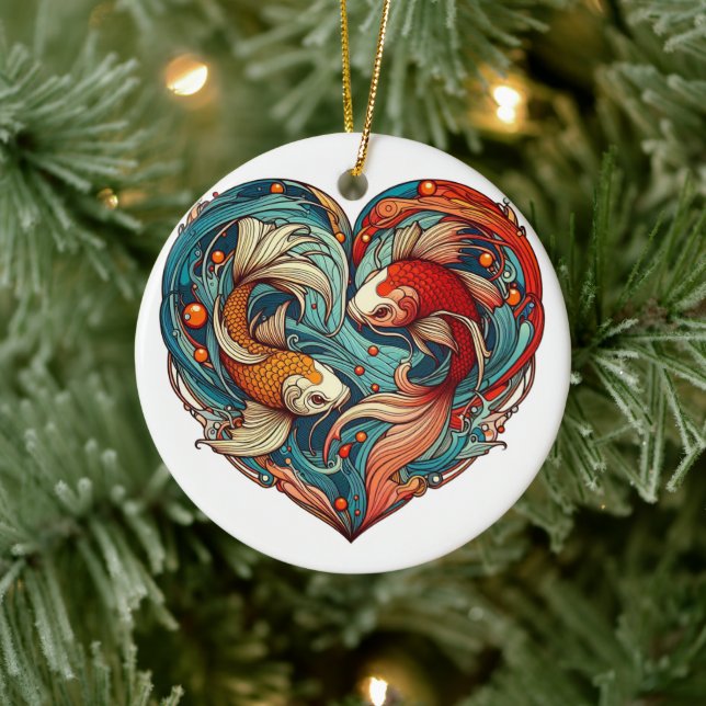 Koi Harmony: Heart-Shaped Christmas Ceramic Ornament (Tree)
