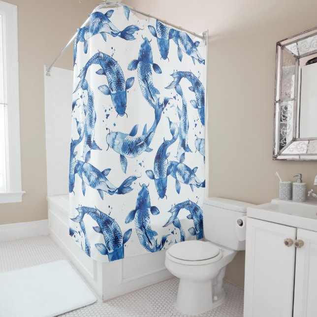 Koi Indigo Shibori pattern Shower Curtain (In Situ)