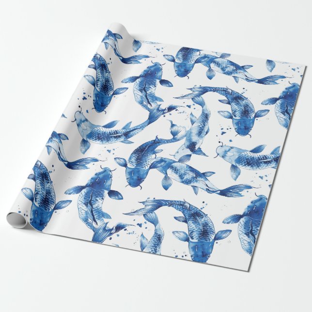 Koi indigo shibori pattern wrapping paper (Unrolled)