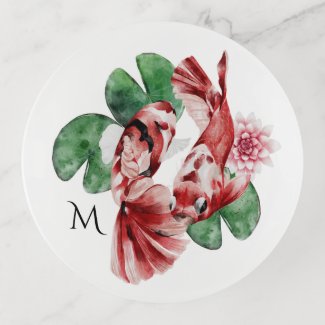 Koi Japanese Swimming Fish Watercolor Art Monogram