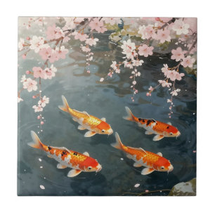 Koi Pond Cherry Blossom Serenity Ceramic Tile
