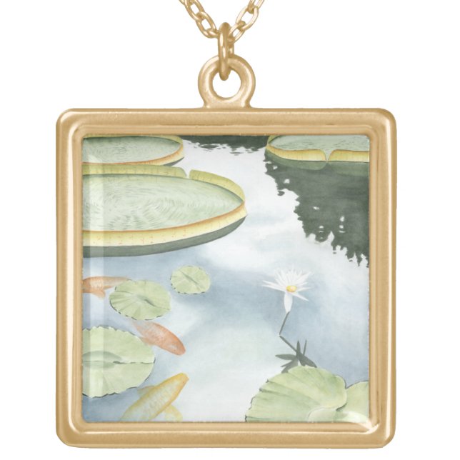 Koi Pond Reflection with Fish and Lilies Gold Plated Necklace (Front)