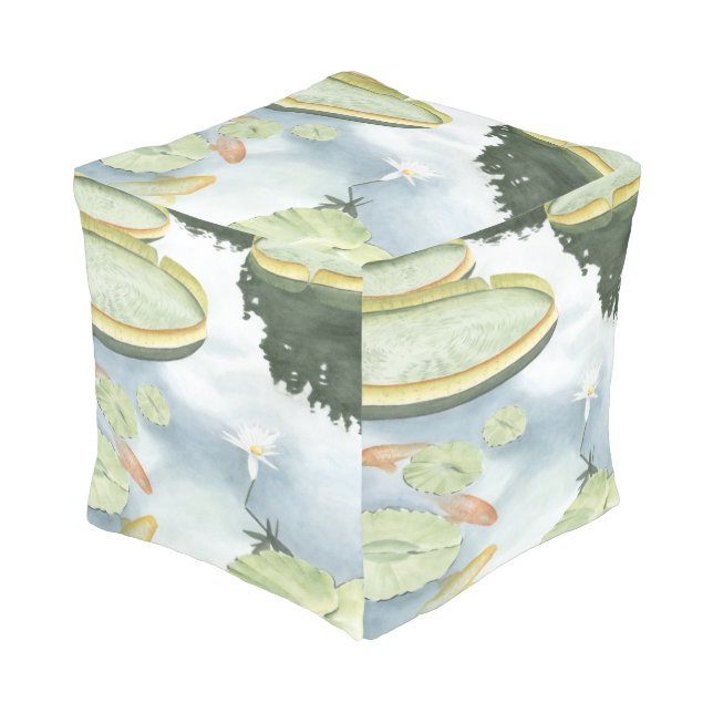Koi Pond Reflection with Fish and Lilies Pouf (Angled Front)