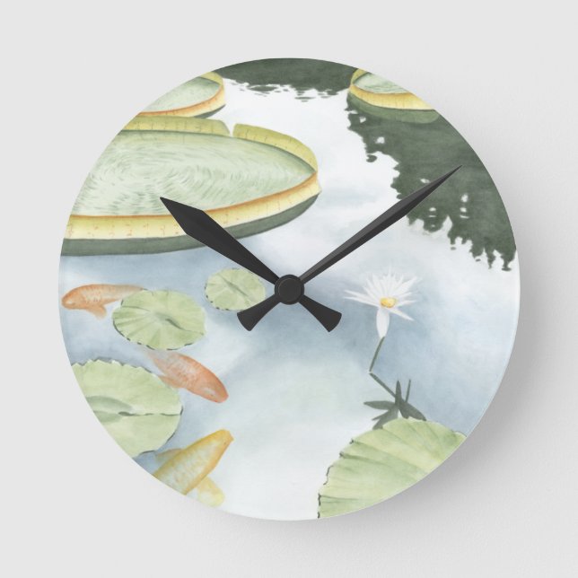 Koi Pond Reflection with Fish and Lilies Round Clock (Front)