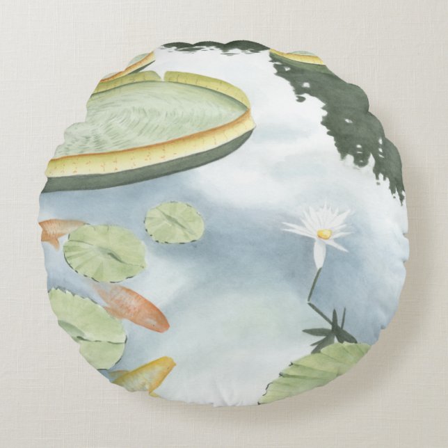 Koi Pond Reflection with Fish and Lilies Round Pillow (Front)