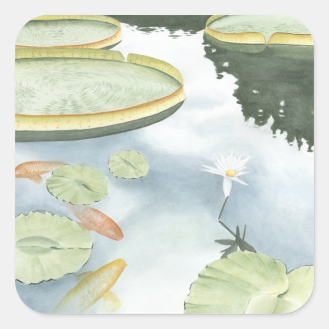 Koi Pond Reflection with Fish and Lilies Square Sticker (Front)