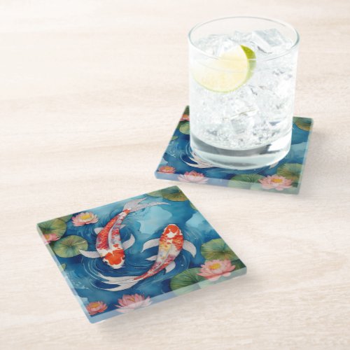 Koi Swimming Among Pink Lotus Blossoms Glass Coaster