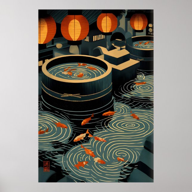 Koi Wall Art Print Circular Pools and Lanterns (Front)
