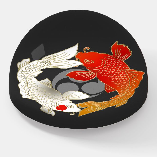 Koi with Mon japanese style domed Paperweight (Angled)
