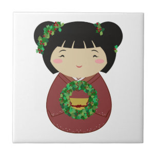 Kokeshi Christmas Wreath Ceramic Tile