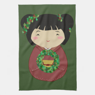 Kokeshi Christmas Wreath Kitchen Towel
