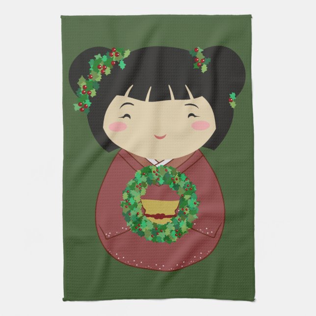 Kokeshi Christmas Wreath Kitchen Towel (Vertical)