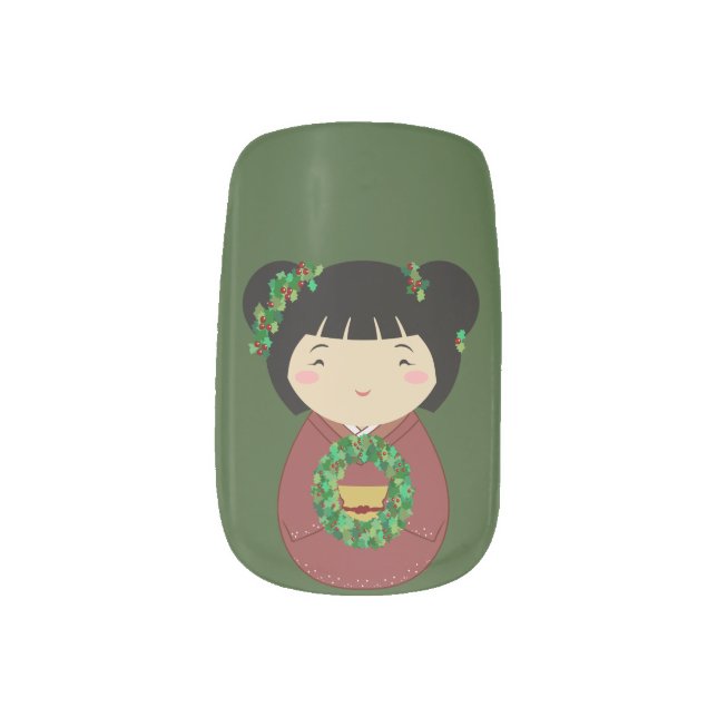 Kokeshi Christmas Wreath Minx Nail Art (Left Thumb)