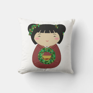 Kokeshi Christmas Wreath Throw Pillow