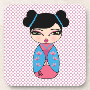 Kokeshi Doll 2 coasters with cork back - set of 6