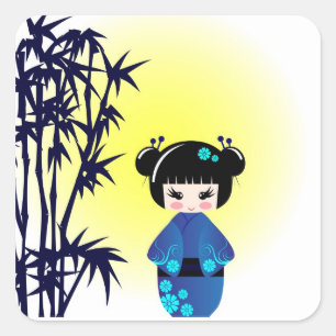 Kokeshi doll and bamboo square sticker