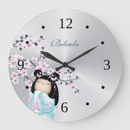 Kokeshi Doll and Cherry Blossoms Silver Monogram Large Clock