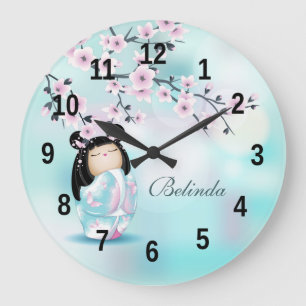 Kokeshi Doll and Cherry Blossoms Turquoise Large Large Clock