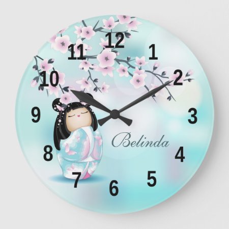 Kokeshi Doll And Cherry Blossoms Turquoise  Large  Large Clock