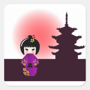 Kokeshi doll and japanese temple square sticker