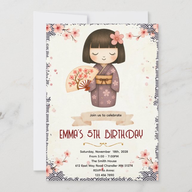 Kokeshi Doll birthday party invitation (Front)