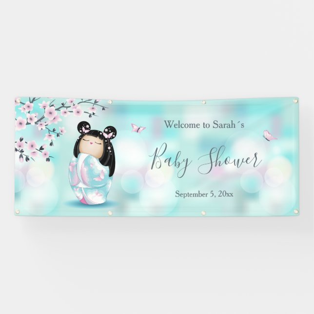 Kokeshi Doll Cherry Blossom | Baby Shower Banner (Horizontal)