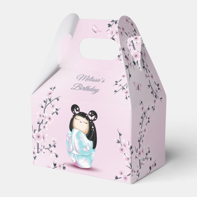 Kokeshi Doll Cherry Blossom Dusty Pink Favor Boxes (Front Side)
