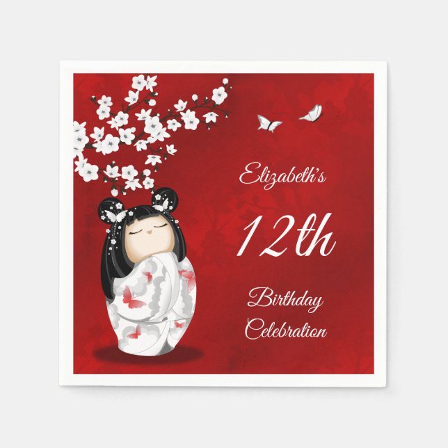 Kokeshi Doll Cherry Blossom | Girl´s Birthday Napk Napkins (Front)