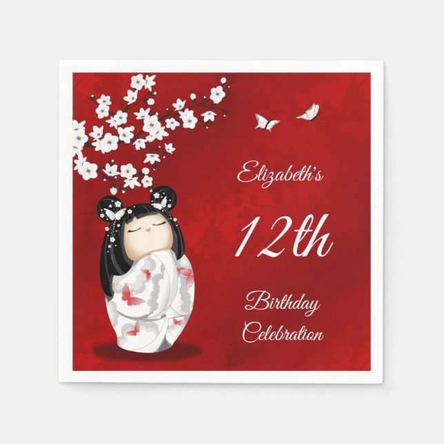 Kokeshi Doll Cherry Blossom | Girl´s Birthday Napk Napkins (Front)