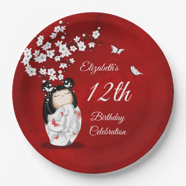 Kokeshi Doll Cherry Blossom | Girl´s Birthday Paper Plates (Front)