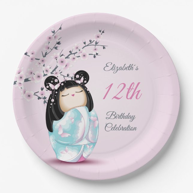 Kokeshi Doll Cherry Blossom | Girl´s Birthday  Paper Plates (Front)