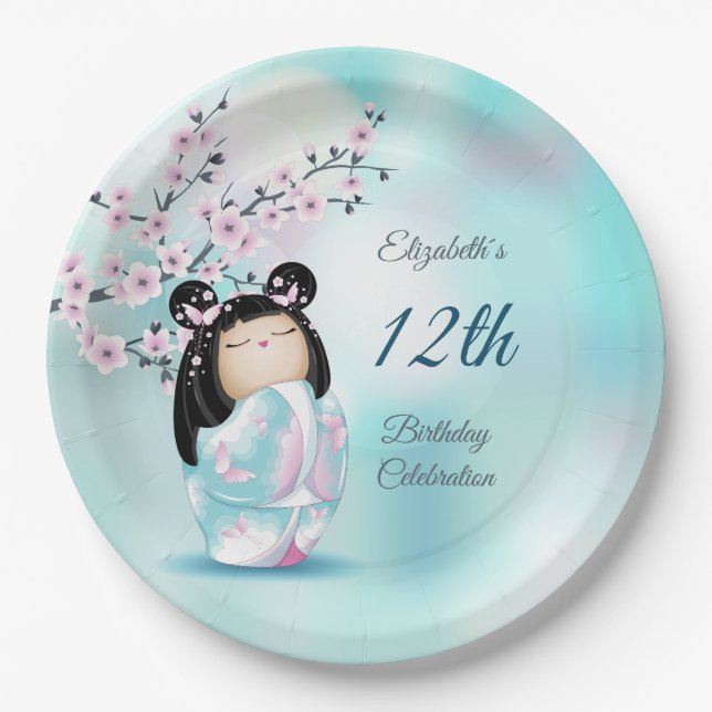 Kokeshi Doll Cherry Blossom | Girl´s Birthday  Paper Plates (Front)