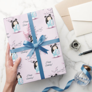 Kokeshi Doll Cherry Blossom Girl´s Birthday Wrapping Paper