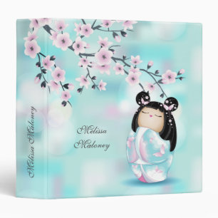Kokeshi Doll Cherry Blossom Pink Turquoise Custom 3 Ring Binder