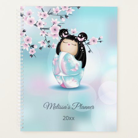 Kokeshi Doll Cherry Blossom Pink Turquoise Name Planner
