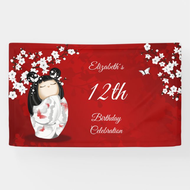 Kokeshi Doll Cherry Blossom Red | Girl´s Birthday Banner (Horizontal)