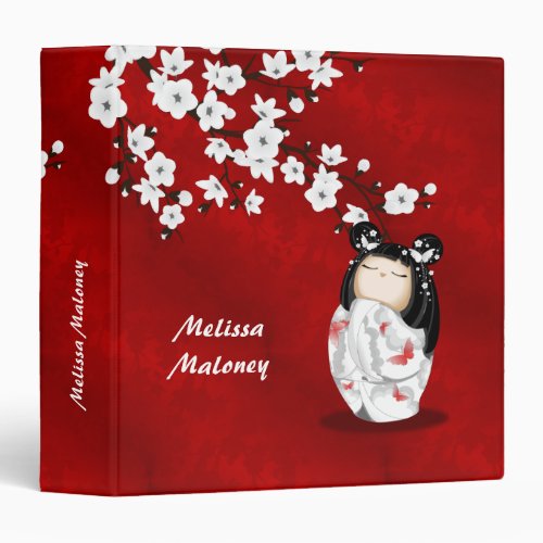 Kokeshi Doll Cherry Blossom Red White 3 Ring Binder