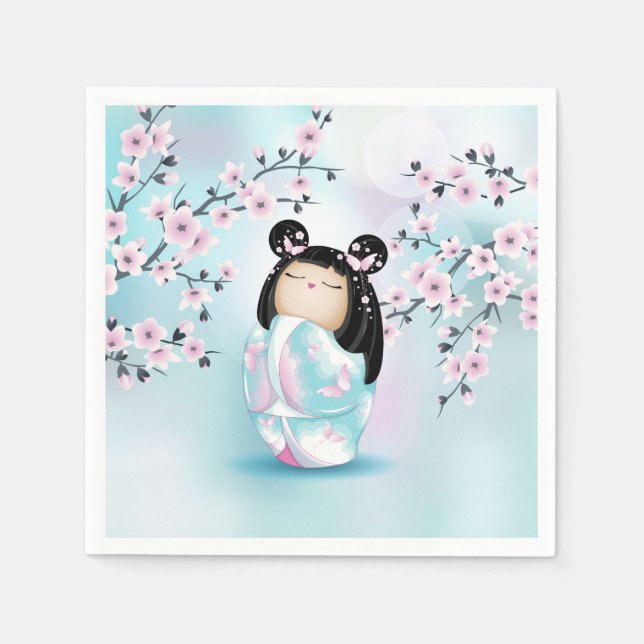Kokeshi Doll Cherry Blossom Turquoise Pink Napkins (Front)
