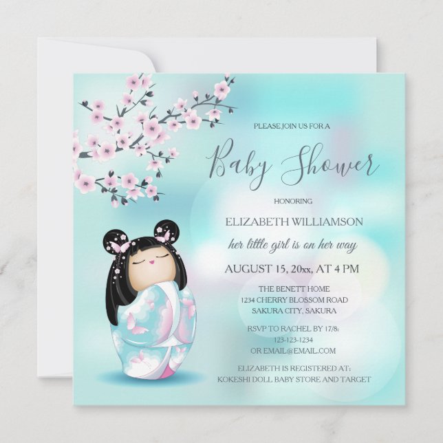 Kokeshi Doll Cherry Blossoms Baby Shower Invitation (Front)