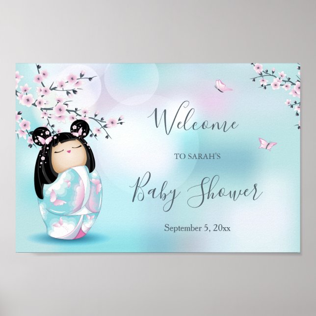 Kokeshi Doll Cherry Blossoms Baby Shower Poster (Front)
