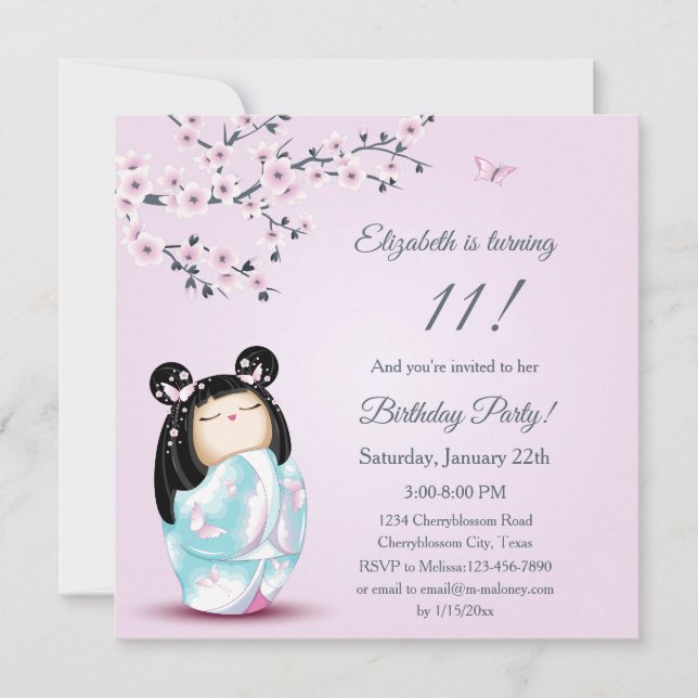 Kokeshi Doll Cherry Blossoms Girl´s Birthday Invitation (Front)